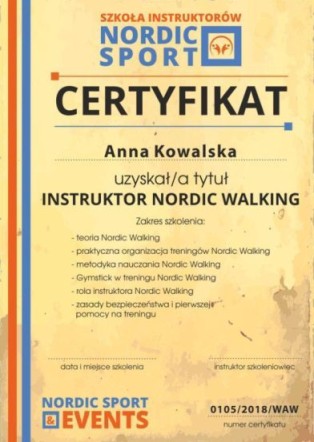 Wzór certyfikatu instruktora nordic walking - Szkoła Nordic Sport